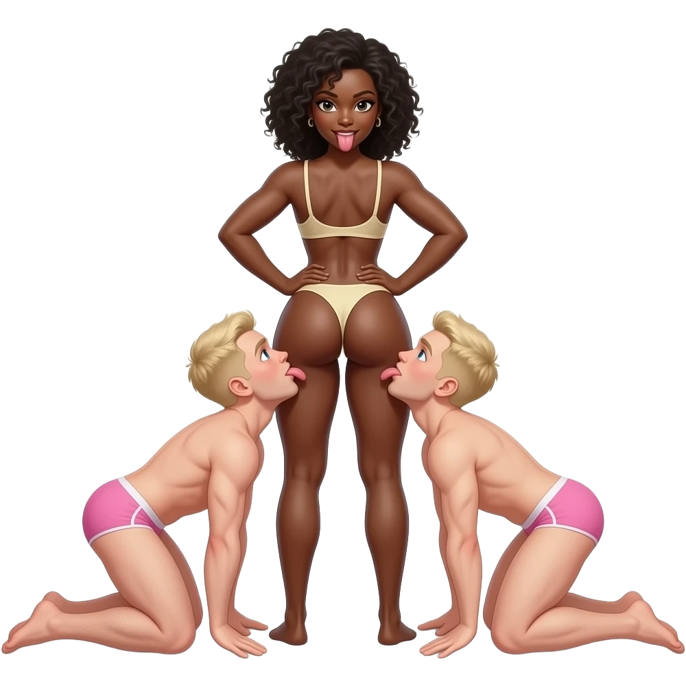 2 soft flabby thin blonde pale white male sissies in pink panties on hands & knees arching backs & tongues out to lick thick curvy muscular ass of savage wild African woman emoji