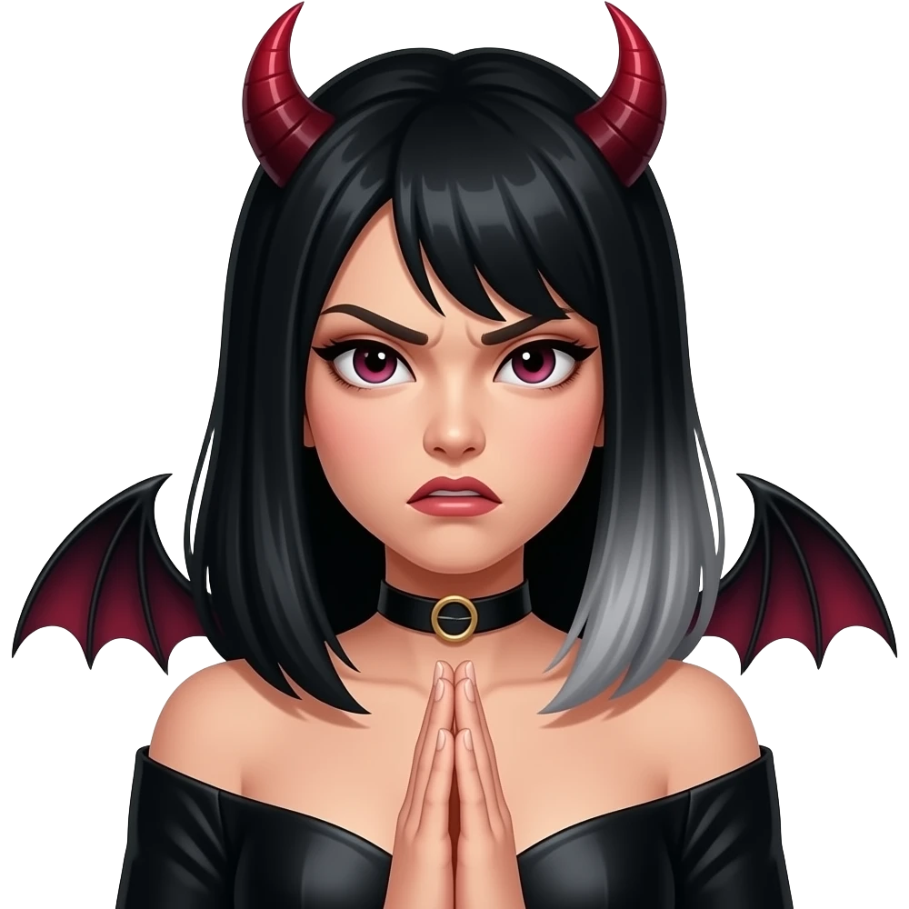 She-devil, black magic woman, hair fade on one side and shoulder length on opposite side, asian, angrily begging forgiveness with attitude emoji