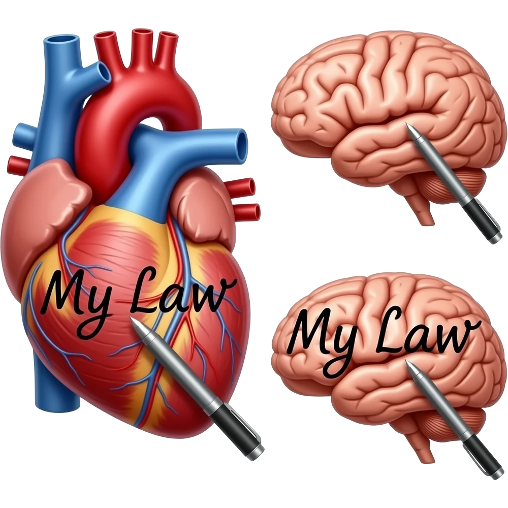 An anatomically acurate human heart with a pen writing "My Law" on the heart. Next to it, an anatomically correct human brain with a pen writing "My Law" on the brain. The words "My Law" have to be on both the heart and the brain. emoji