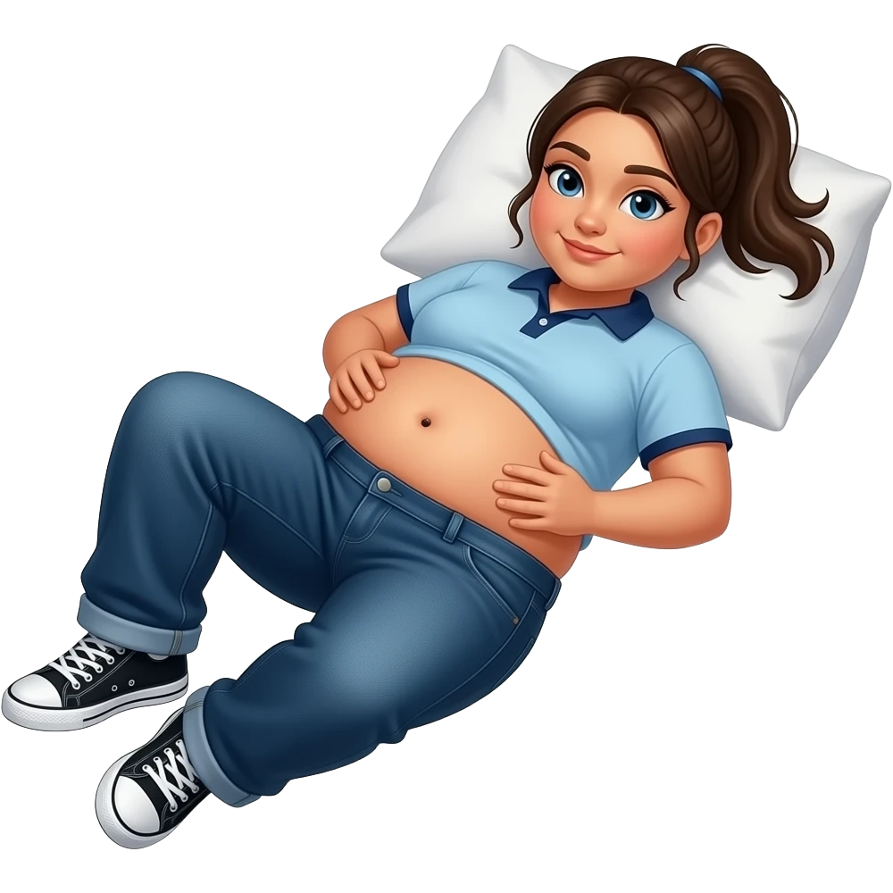 Obese Hispanic girl with brown ponytail and blue eyes light blue dark blue lined polo and dark blue baggy jeans and belly button and black and white sneakers laying down on the pillow in bed rolling her tummy emoji