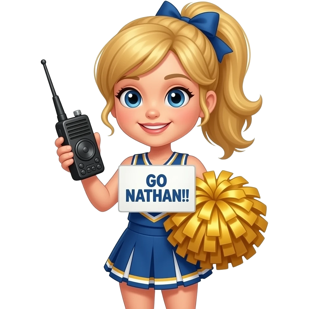 Cute Cheerleader ham radio with blonde hair. Sign saying "GO NATHAN ...