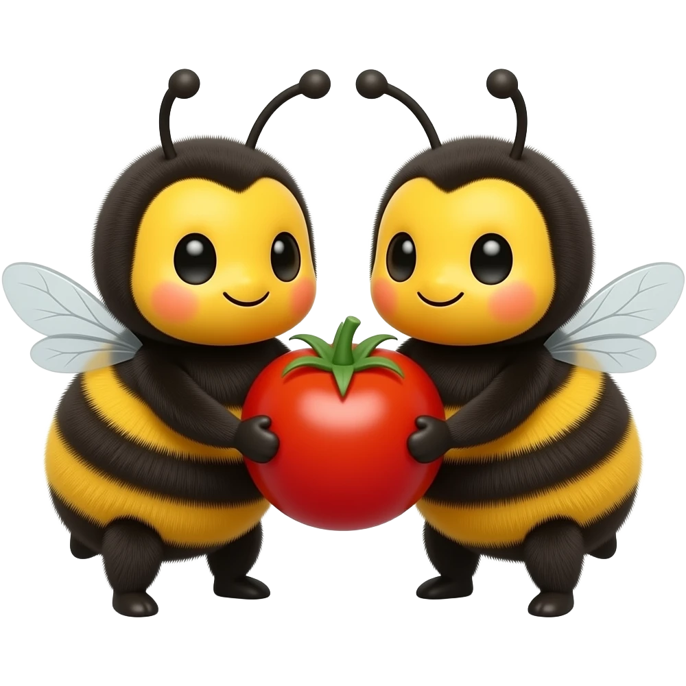 two cute bumblebees holding a cherry tomato together emoji