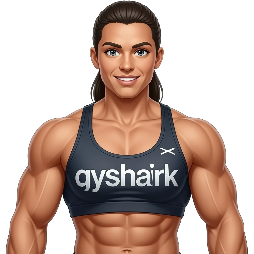 A medium shot captures a powerfully built woman with a muscular physique, his chest and arms prominently displayed. sHe wears a gymshark tank top emoji