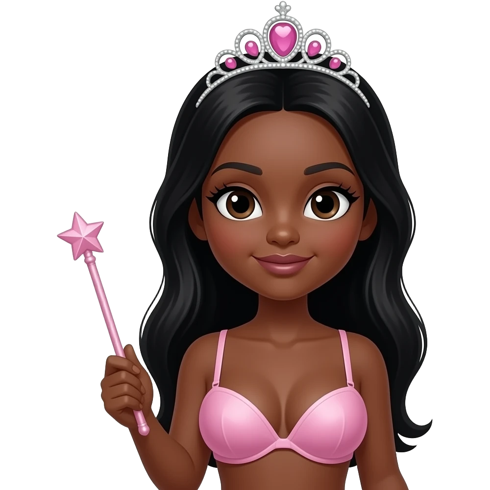 Dark skin girl, middle part black hair, giant breast, baby pink bra with no straps, pink tiara holding a wand, doll eyes, doll face shaped emoji