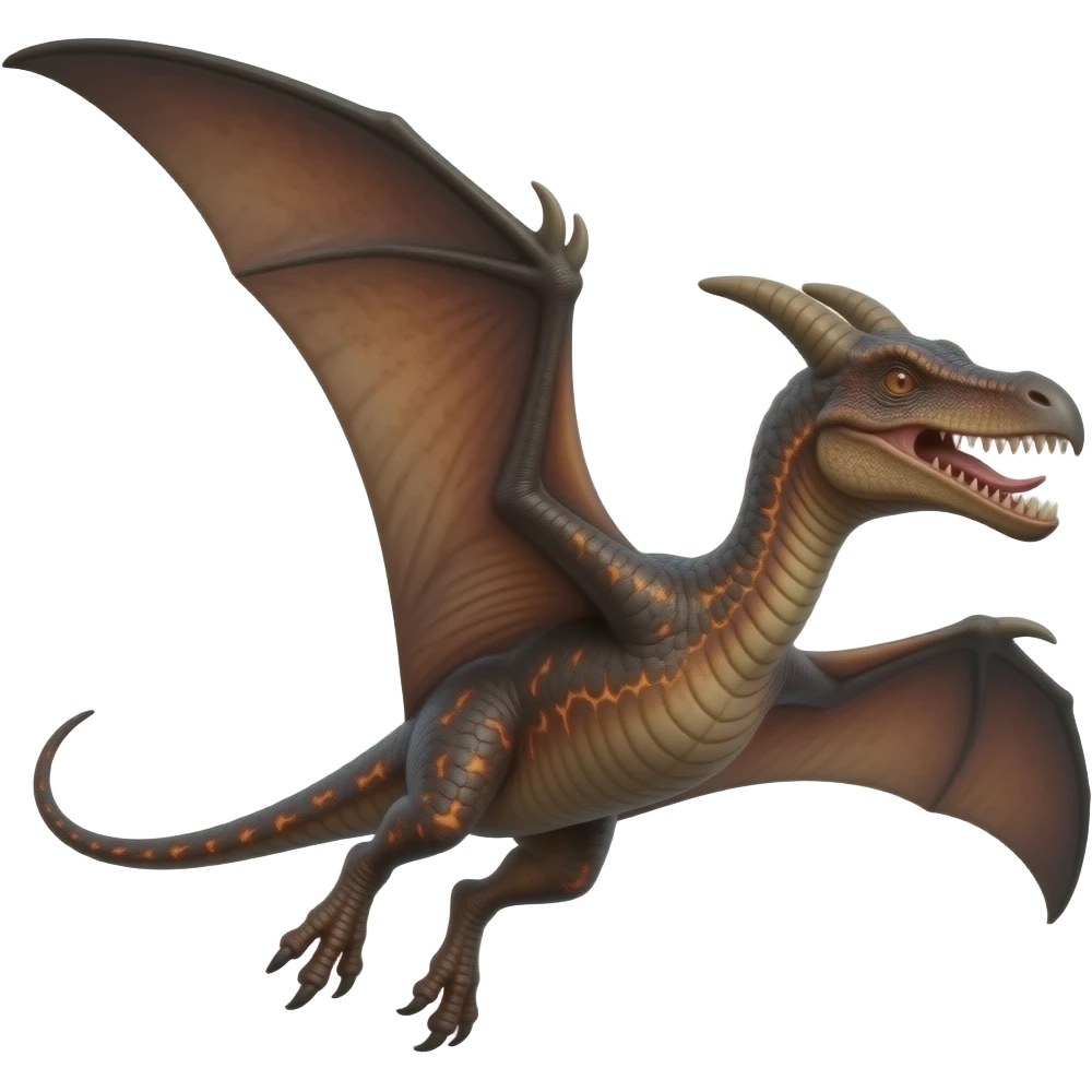 a colossal prehistoric pterosaur-like creature, Massive wingspan, Beaked mouth filled with sharp teeth, Dark reddish-brown or volcanic-colored scales, Long tail, Powerful talons, rough volcanic skin, giving the impression it emerged from magma or deep underground, 2 horned head emoji