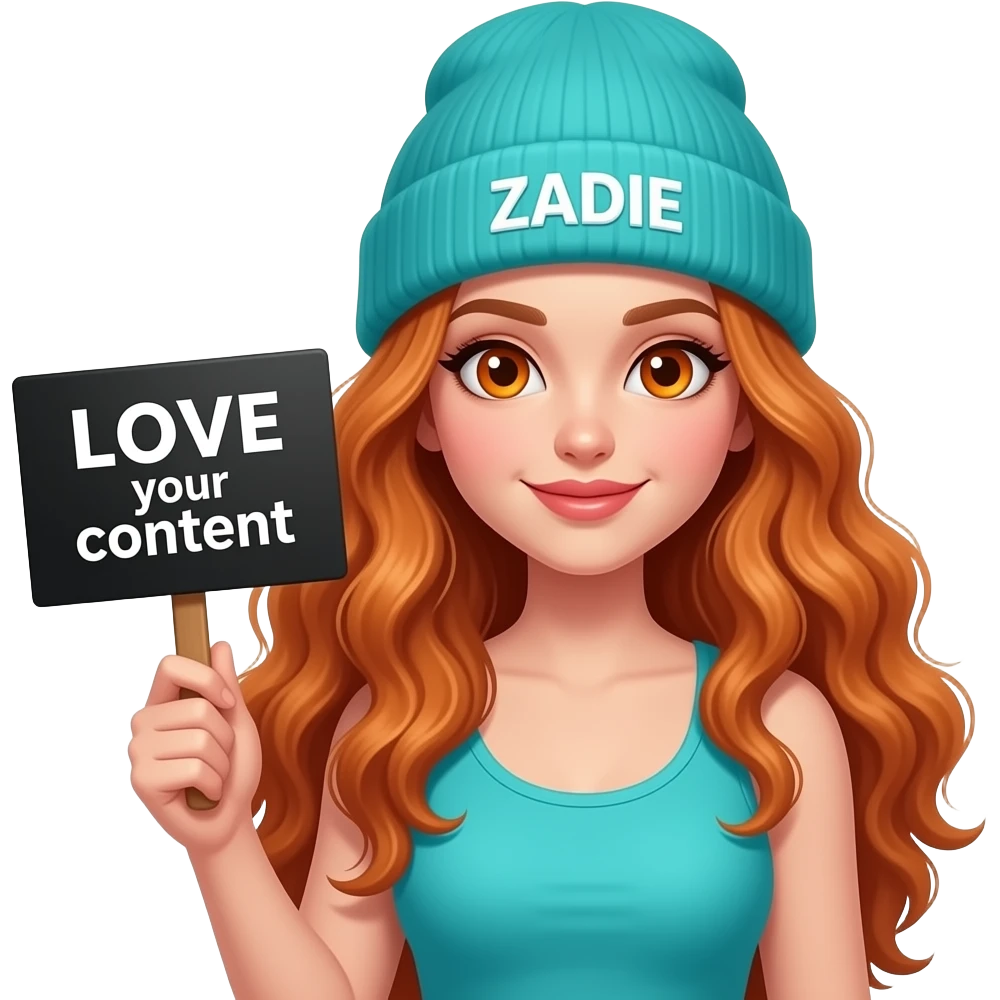 sexy girl with overlong wavy ginger hair and ginger eyes wearing a turquoise tanktop and a turquoise beanie with ZADIE written on it, is holding a black sign with LOVE your content written on it emoji