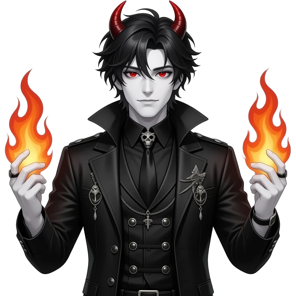 demonic male with messy black hair, deathly white skin, a confident facial expression and bright red eyes, in a gothic-style black outfit and fire in his hands full body emoji emoji