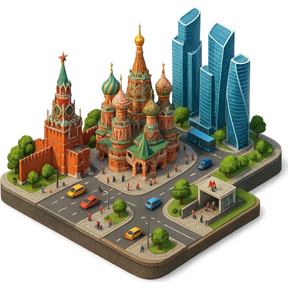 Изометричная миниатюрная фотореалистичная 3D модель Москвы на подставке - Кремль, собор Василия Блаженного, Башни Москва-Сити, четкая детализация, яркие цвета, мультяшный реализм, люди, автотранспорт и метро, компактная композиция, вид сверху в изометрии, прозрачный фон emoji
