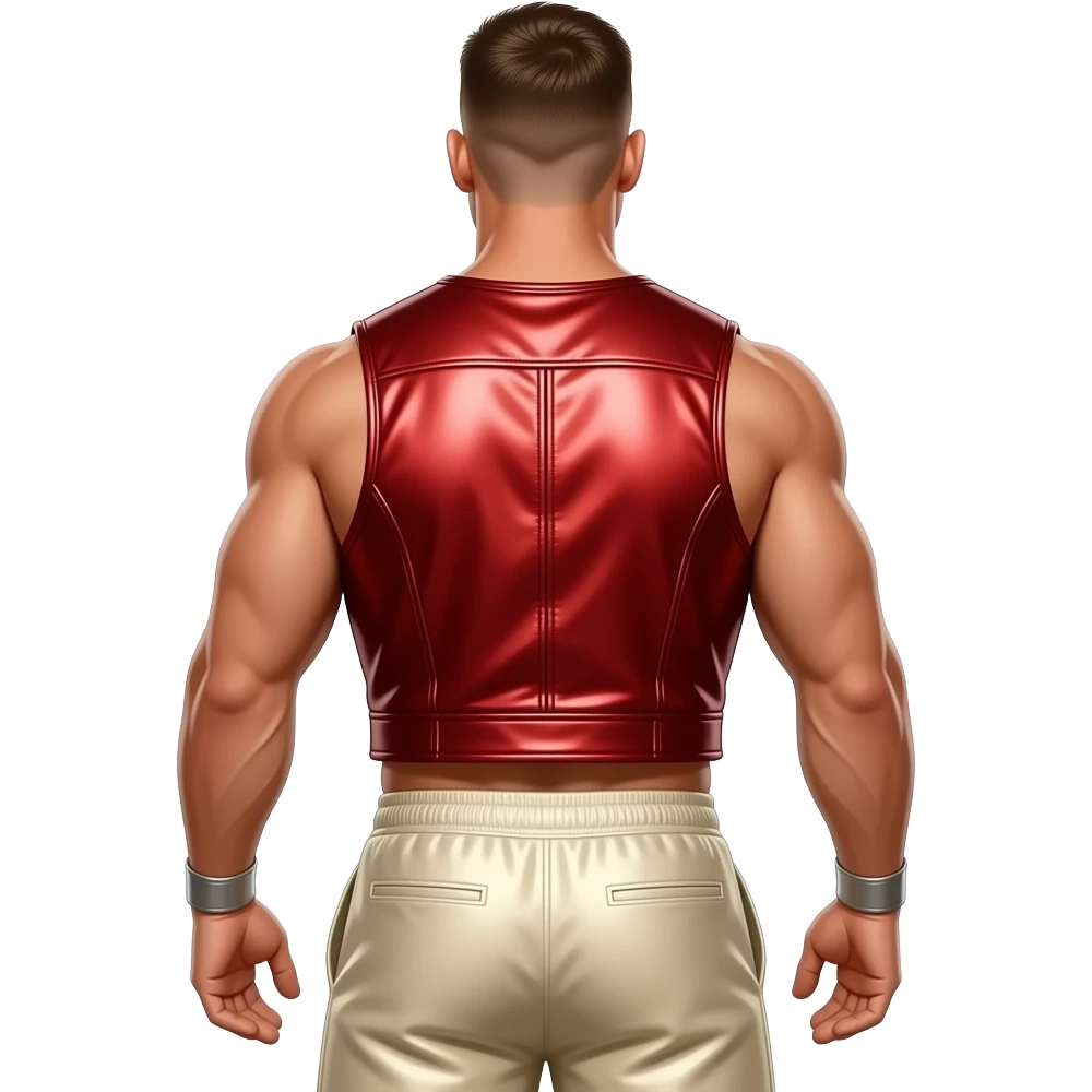 John Cena from behind with crimson metallic vest, ivory metallic baggy joggers, shirtless emoji