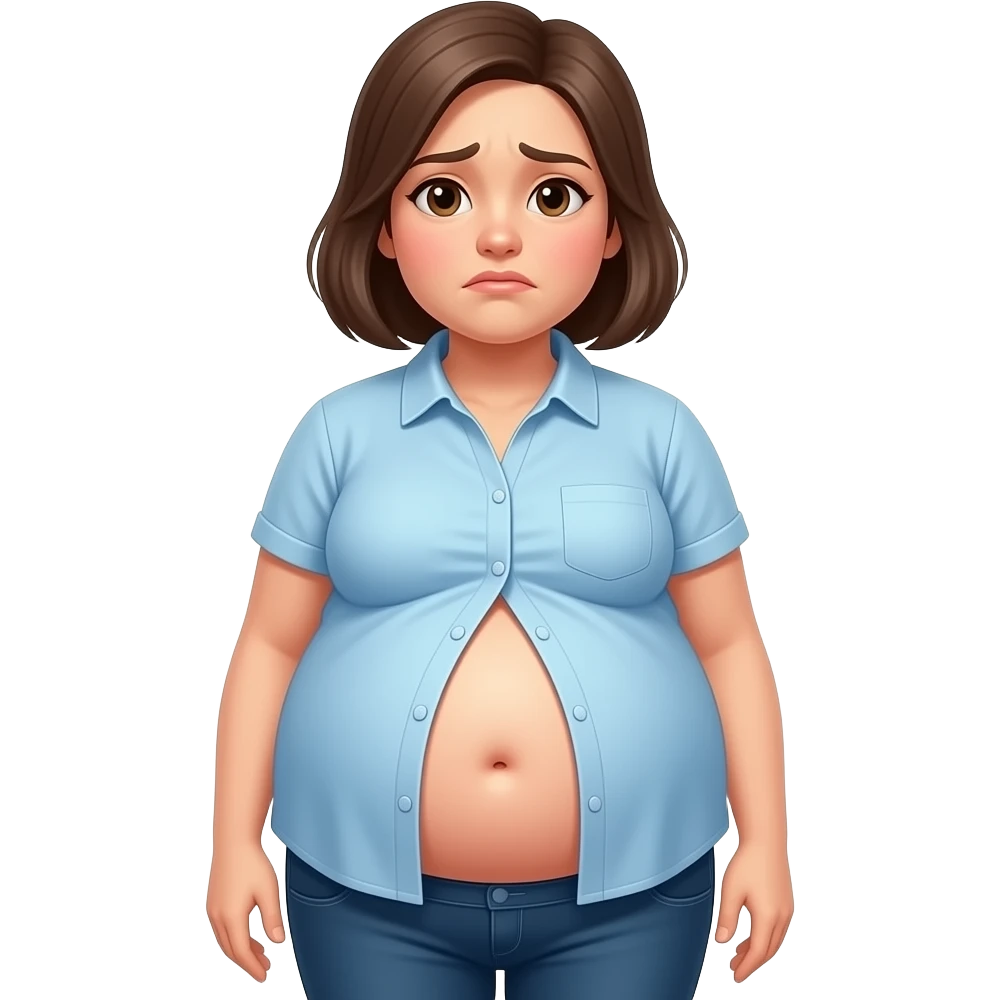 a girl with a huge stomach that is full to bursting,so bloated that she gets a tummyache,her bellybutton is poking out and her shrunk tight shirt buttonholes are at breaking point. emoji