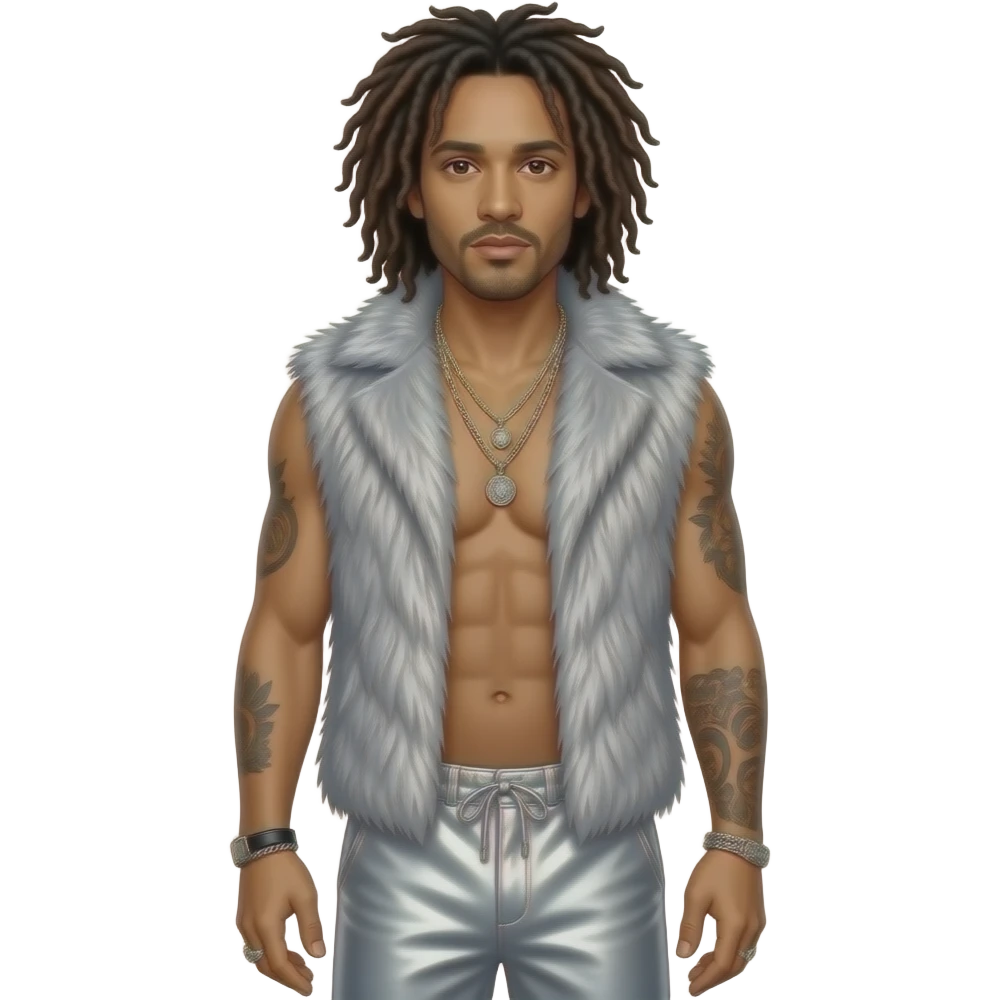 Lenny Kravitz with long locs, silver fur vest, silver metallic baggy pants, shirtless emoji