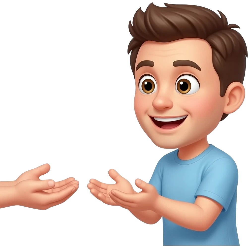 una persona con cara de tonto recibiendo con las manos abiertas, perspectiva de costado emoji