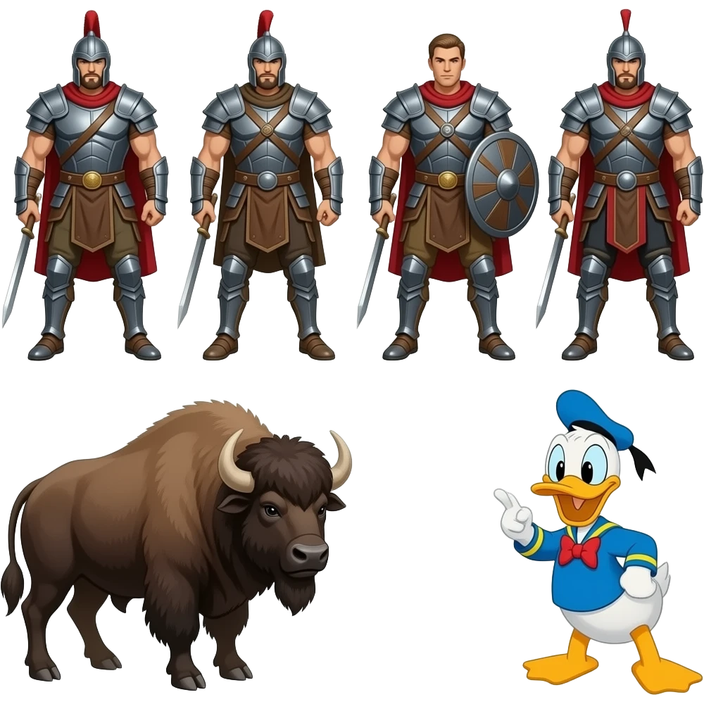 Heroes and bison vs smilodon and Donald Duck emoji