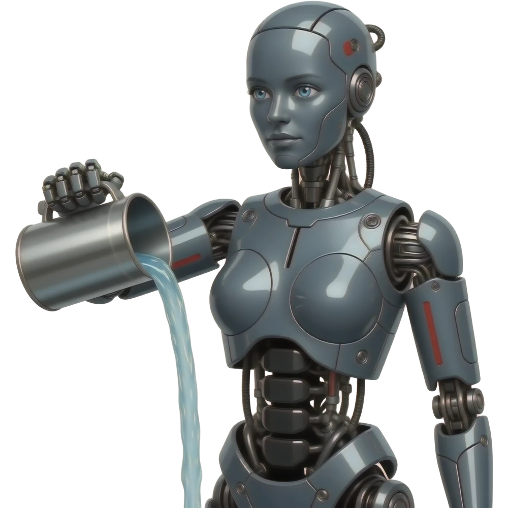 full body, full length body,  Mechanical female robot made of dark gray metal with black and red markings Pouring water from a steel container, full length body, no human features, robot face, robot head, full body from head to toe emoji