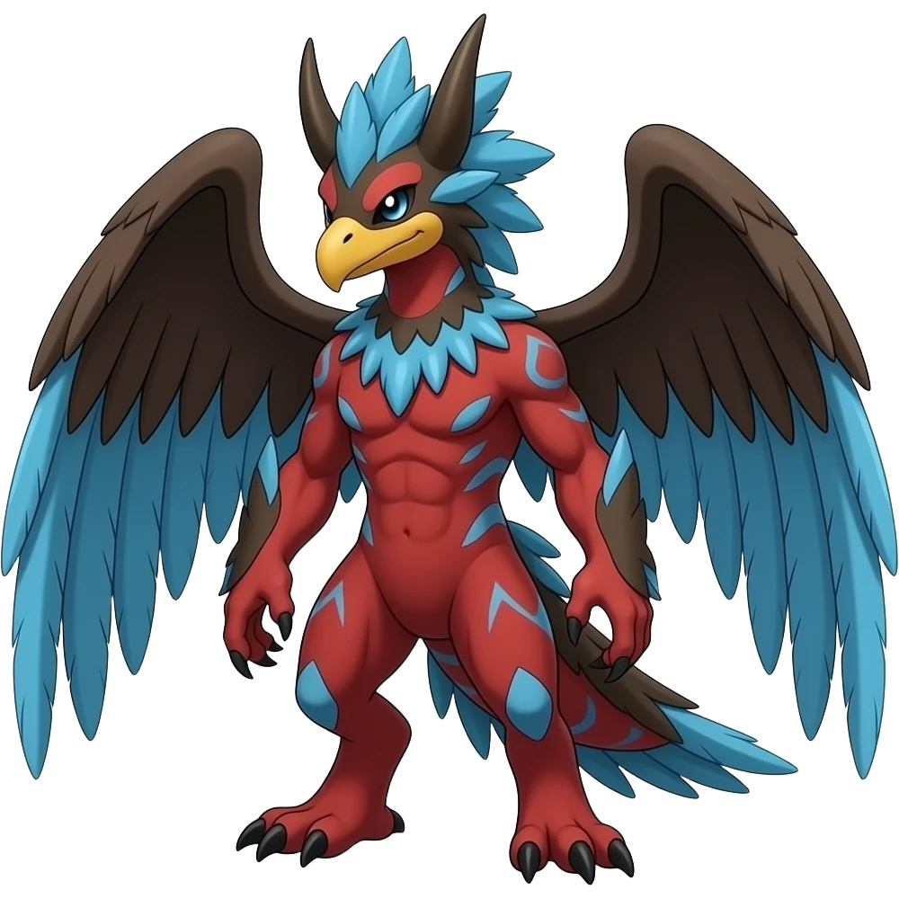 Red and blue and dark brown feathery tribal beautiful gorgeous attractive pretty Raptorik scaley feathery horned Amaura-Wargreymon-Aurorus-ExVeemon-WereGarurumon-Pokémon-Fakémon-hybrid-fusion-creature, full body emoji