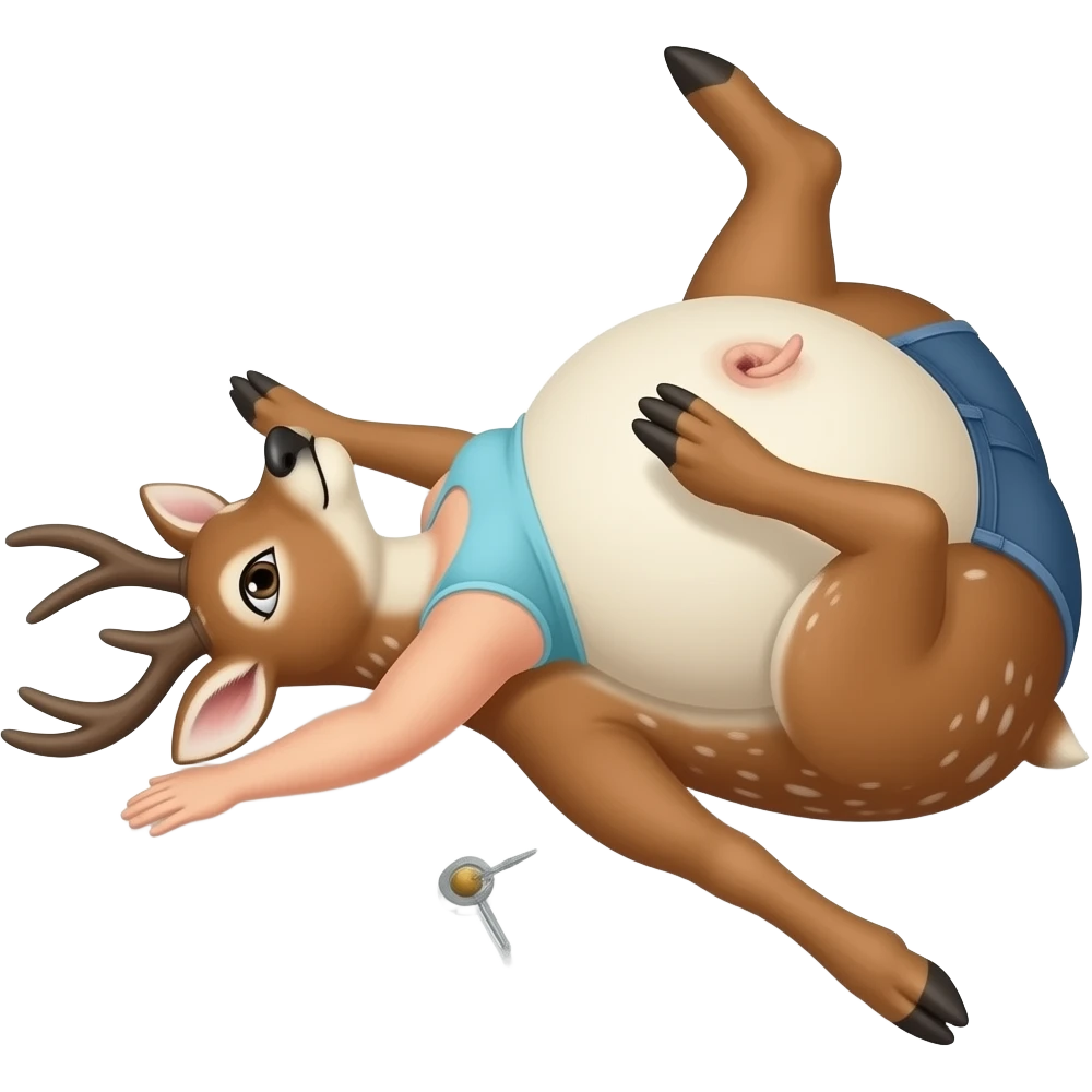 A female deer/doe is sprawling on her back unable to move,she got stuck by her own massive obese tummy,couldn’t even try defend her bellybutton from fingering tickling pokers,she is that Fat,She is too full for fun right now,that deer is going to pop. emoji