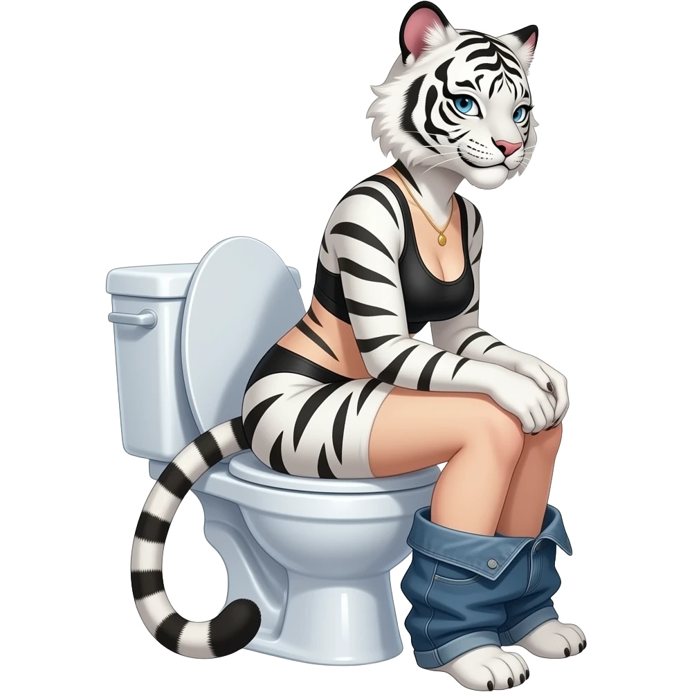 Female white tiger furry person woman,blushing,sit on toilet,fursona,pants down,side view emoji