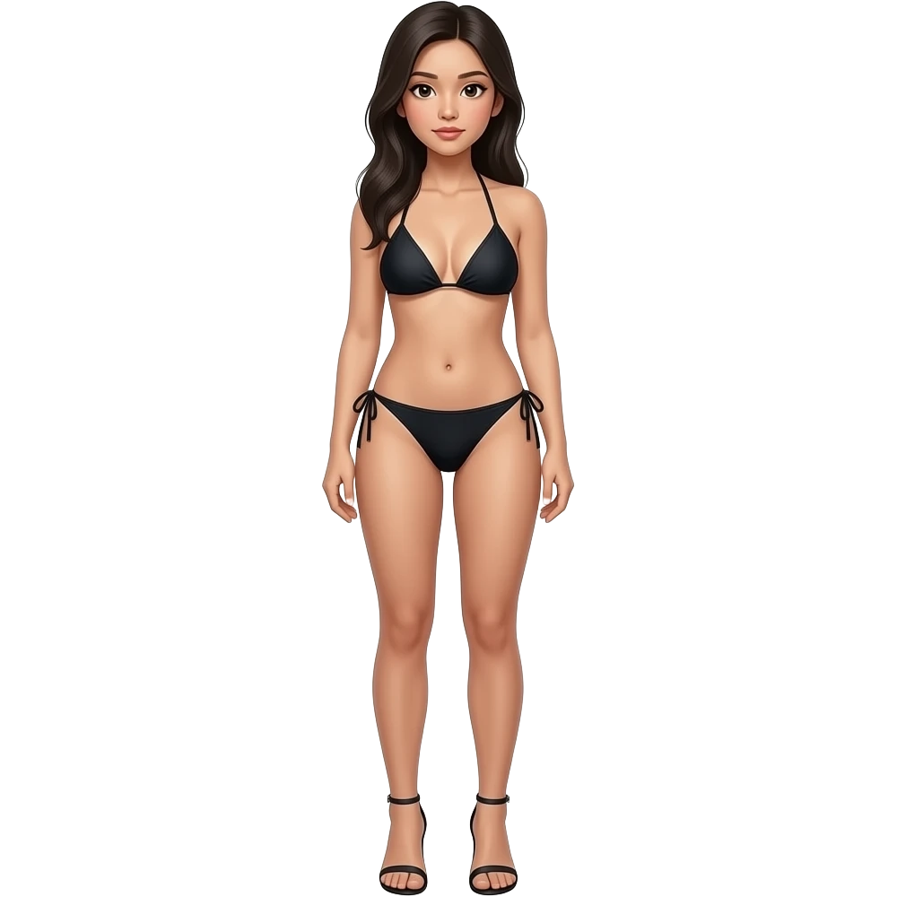 24 year old Filipino girl black Bikini with feet high heels sandals slim body stand straight emoji