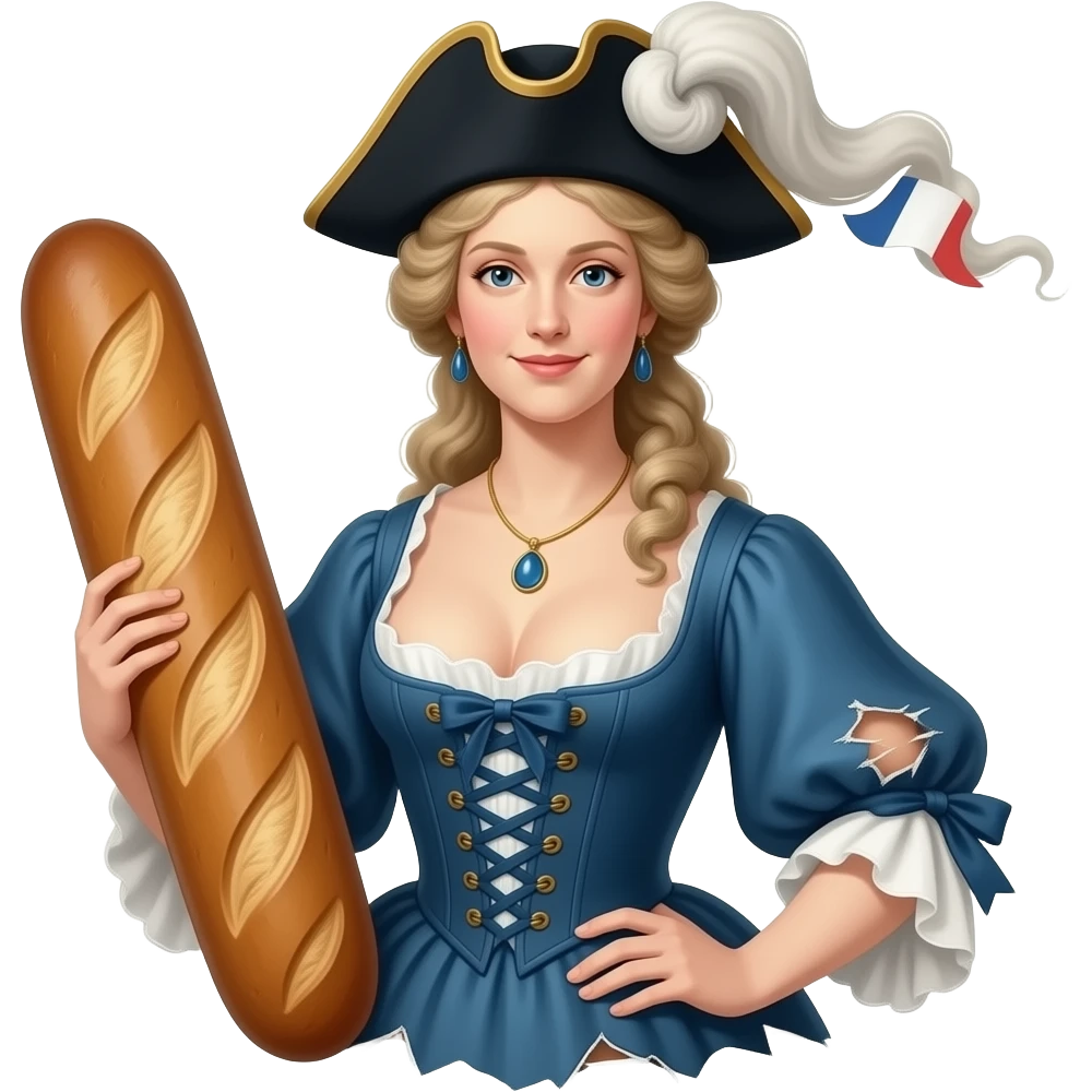the historical French Marianne went wild in a tight corset with a large open neckline, torn dresses - with a rebellious Jacobin cap and a large French loaf emoji