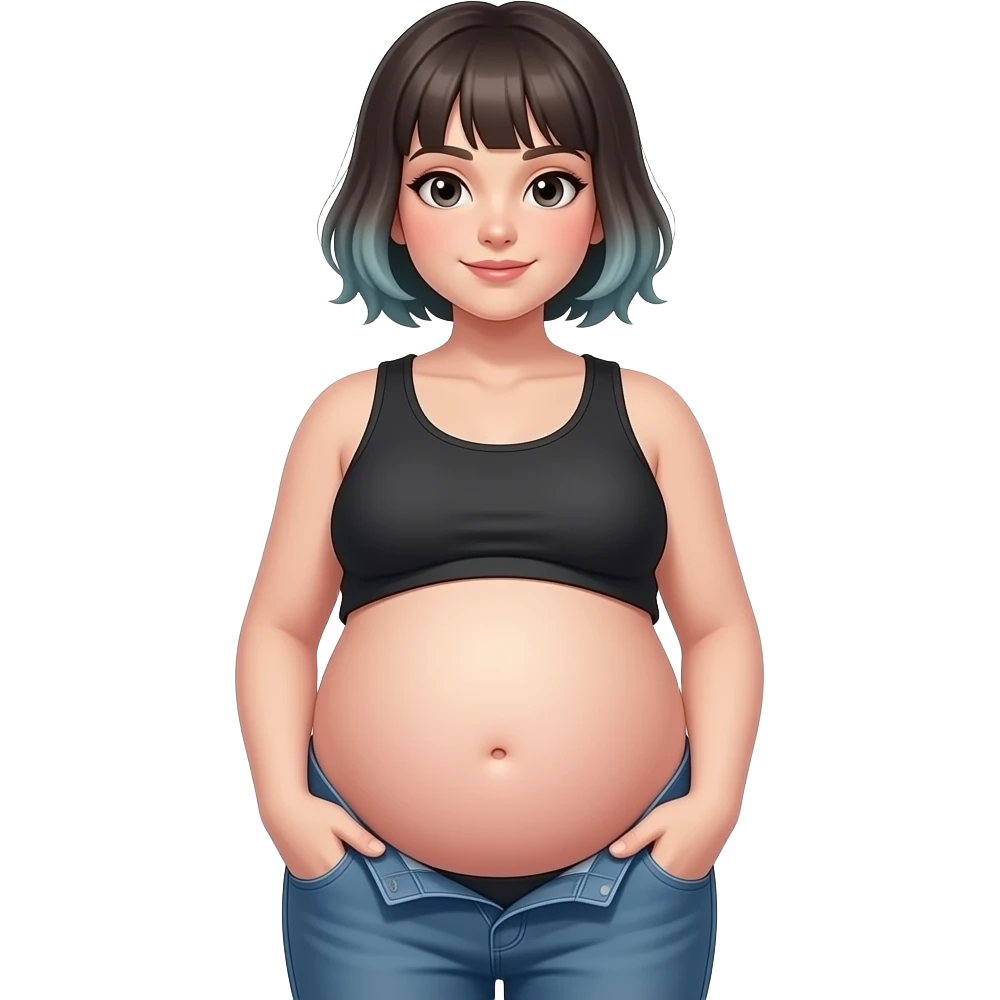 A girl with a semi pixie emo hairstyle,wears a crop top and a unbuttoned pants,stocky robust build,she always looks constantly well fed & pregnant like,her tummy is big & round,heavy in the belly,she is stuffed silly,her bellybutton is deep hollow innie like a tiny void. emoji