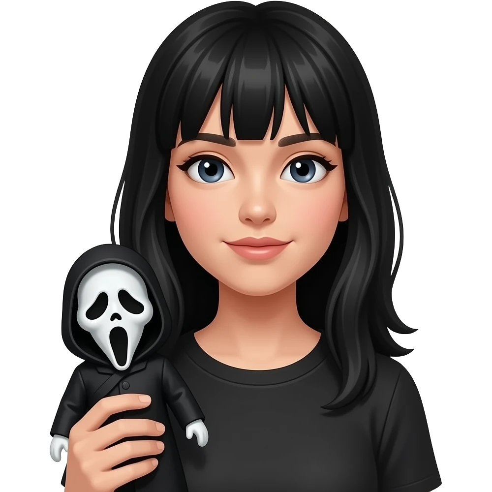 Girl with black hair with Ghostface doll emoji