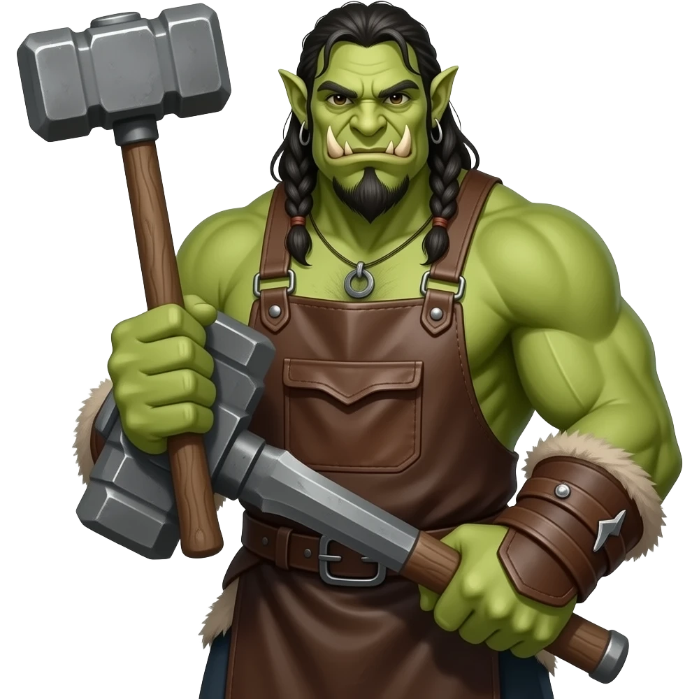 An green-skinned Orc War Blacksmith, wearing a leather apron, holding a large smithing hammer emoji