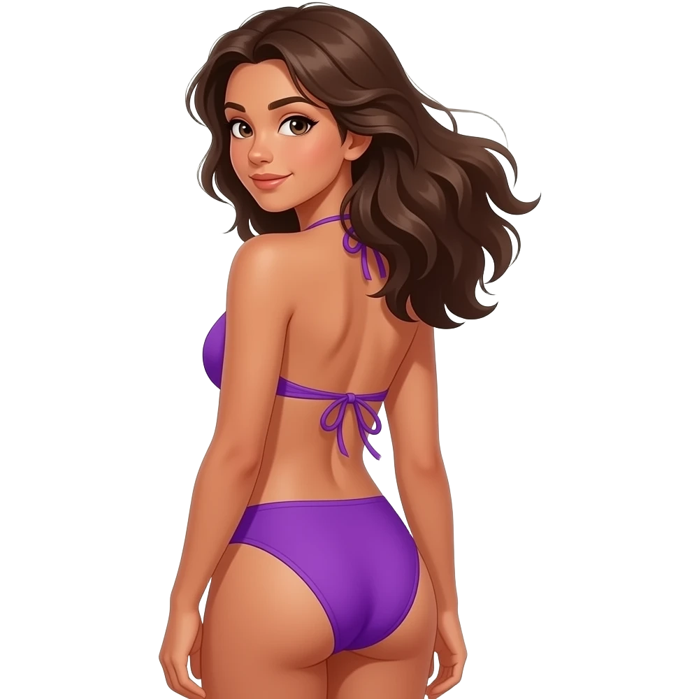 adolescente bronzé des iles de dos avec une mailot de bain violet qui nous regarde emoji