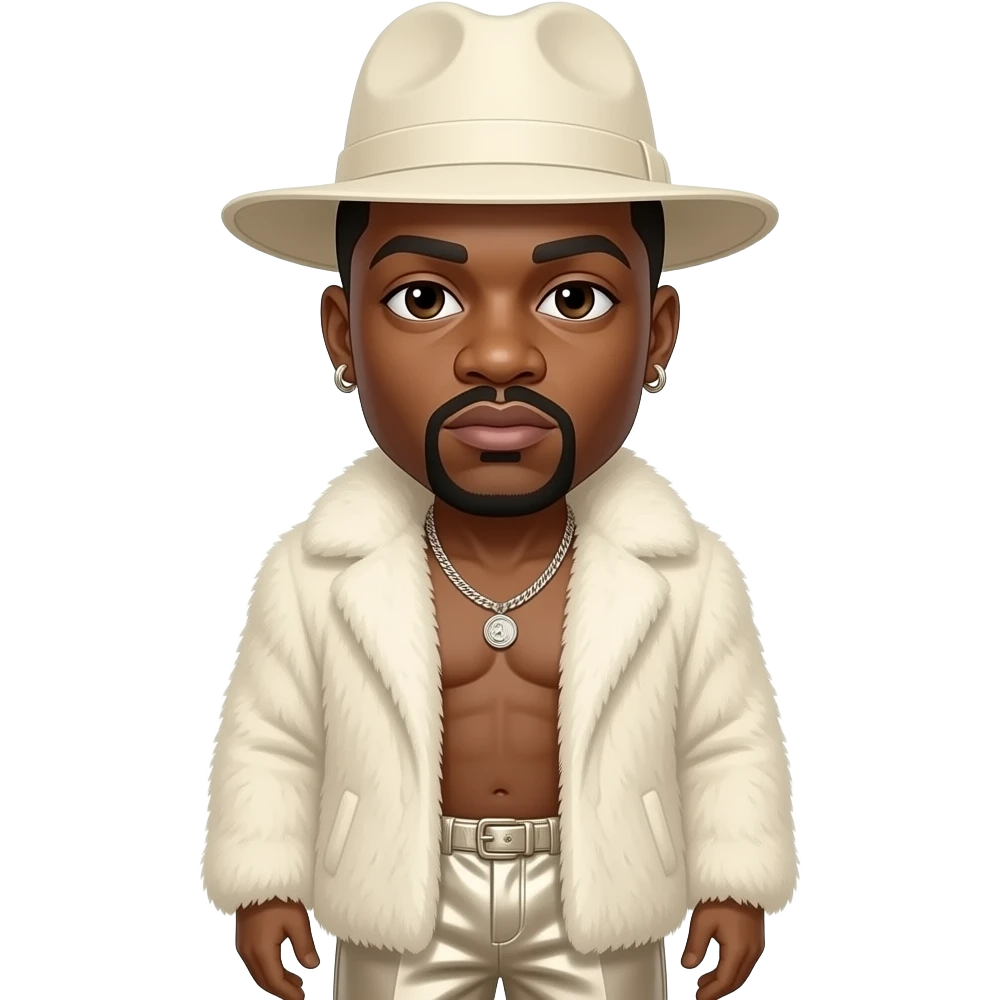 The Notorious B.I.G. with dark brown eyes, black buzz cut hair, ivory hat, ivory fur shawl, ivory metallic baggy pants, shirtless with necklace and earrings emoji