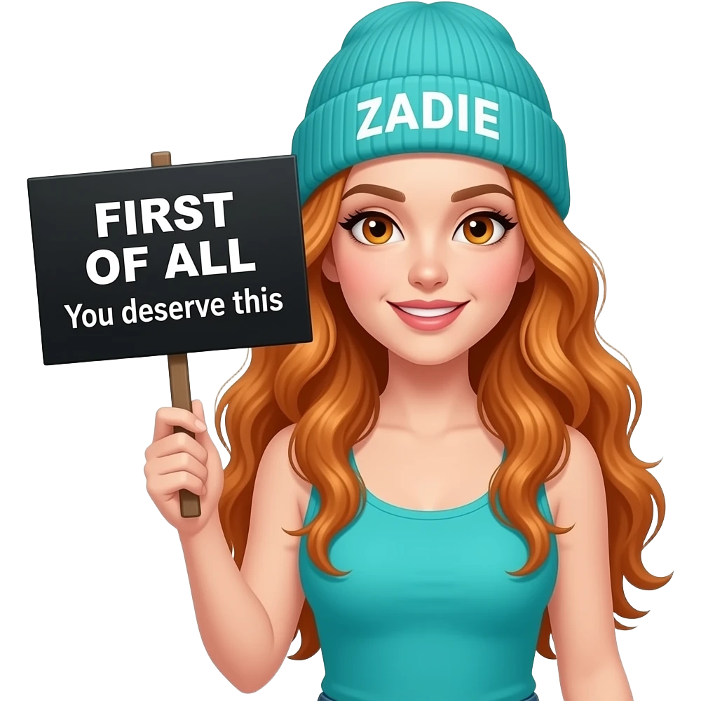 sexy girl with overlong wavy ginger hair and ginger eyes wearing a turquoise tanktop and a turquoise beanie with ZADIE written on it, is holding a black sign with FIRST OF ALL You deserve this written on it emoji