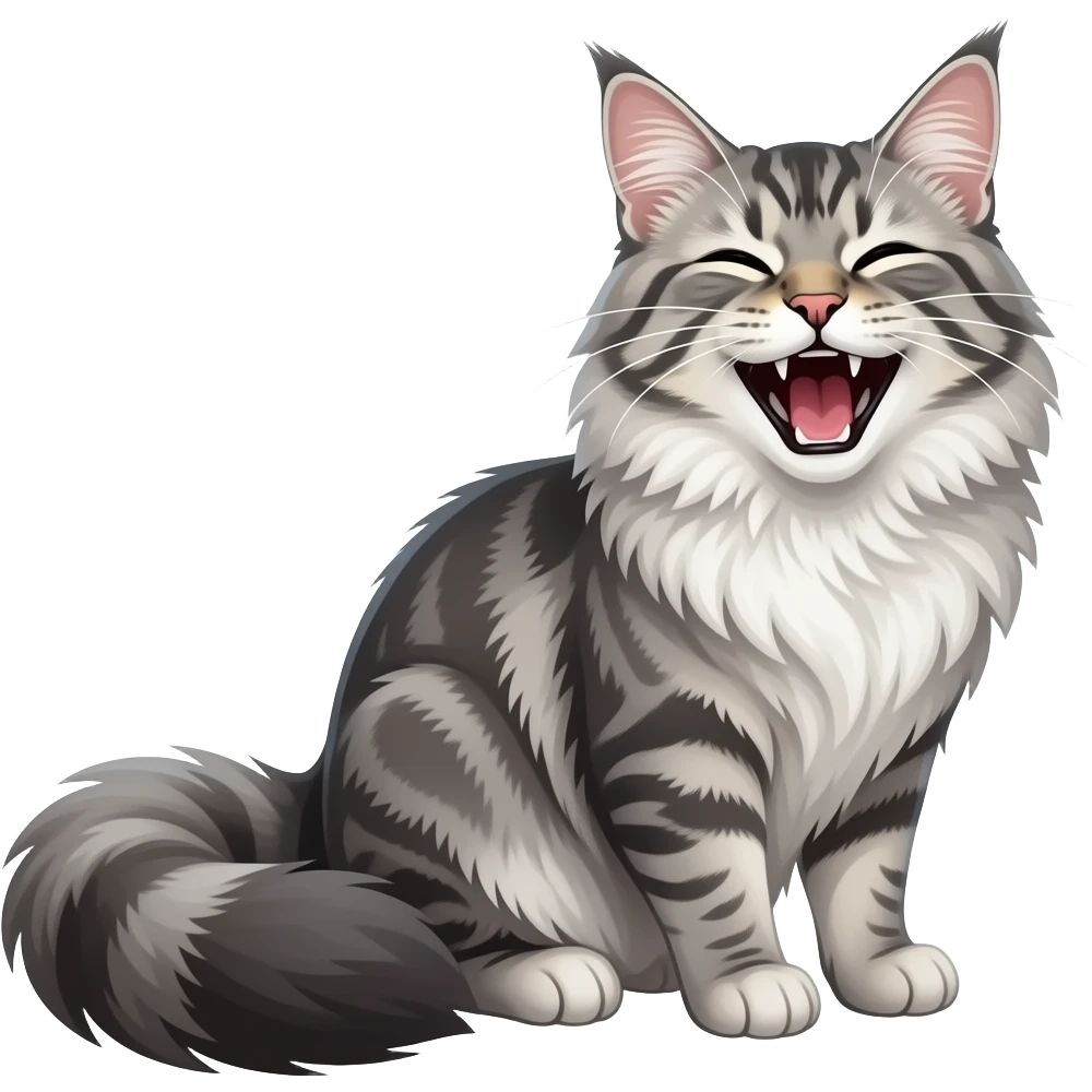 Silver tabby maine coon with laugh, more fur, thin, nose with yellow emoji