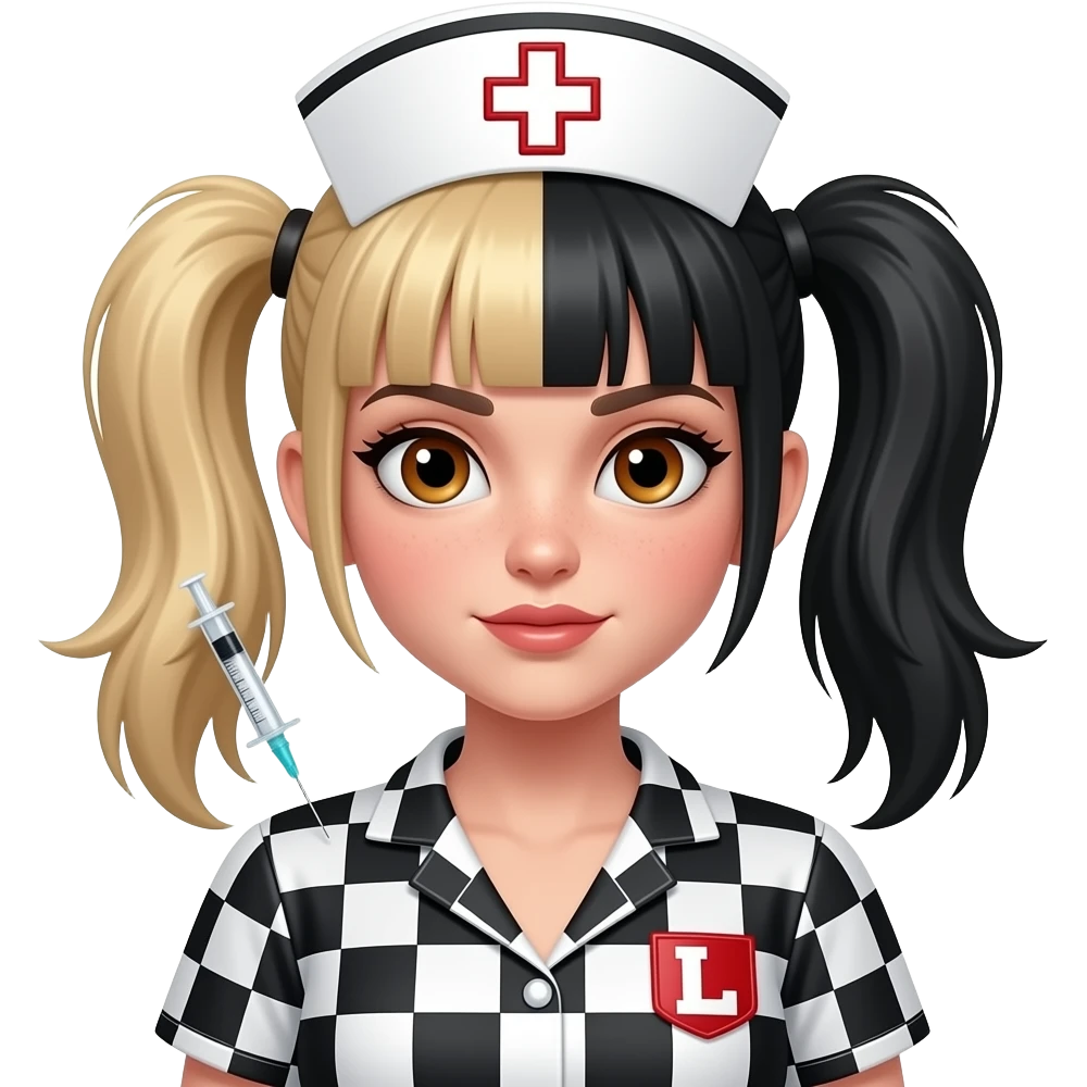 Punk Ska nurse girl with hypodermici needle with half blonde half black hair in pigtails with a letter L patch on black and white checked scrubs and brown eyes emoji
