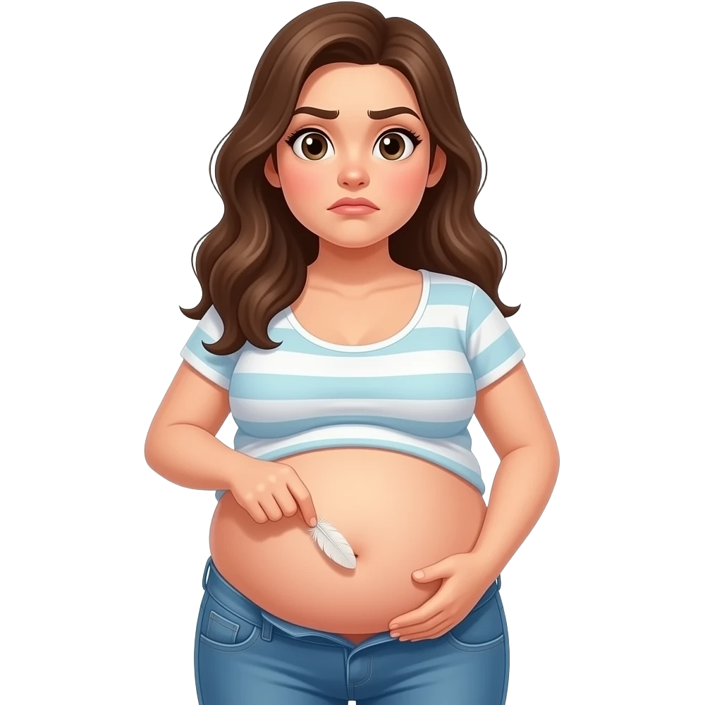 A girl with a huge bloated belly,now faces a battle with a feather that wants to tickle her bellybutton. emoji