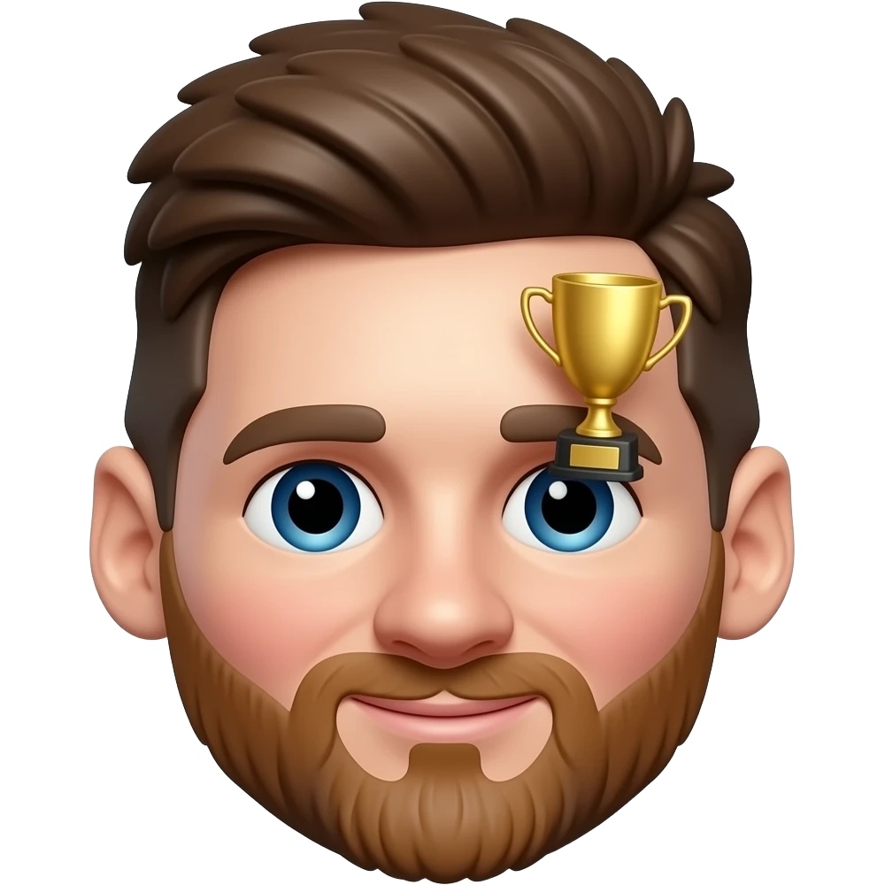 Create a 3D chibi Messi emoji, chest-up portrait only, mobile-game style, one extremely tiny identical golden trophy hidden near the eyebrow area emoji