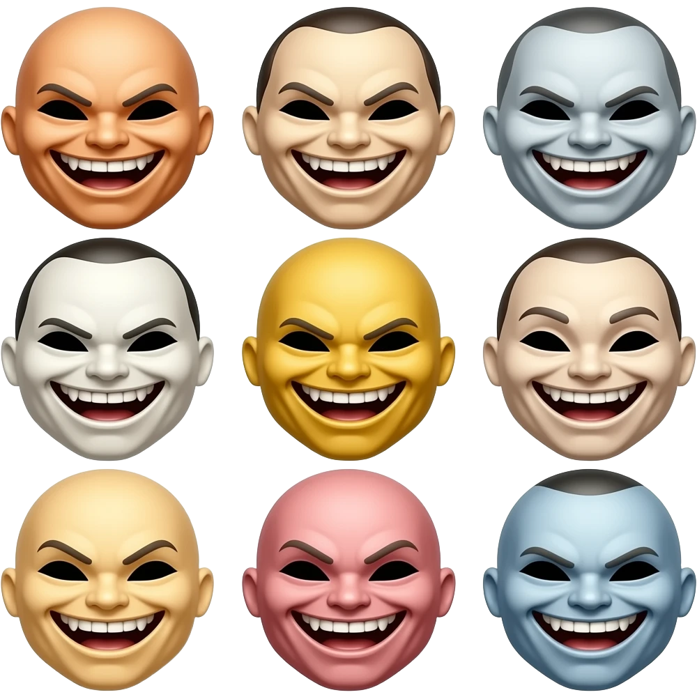 variedad de mascaras burlonas, risas histericas malvadas, sin ojos emoji