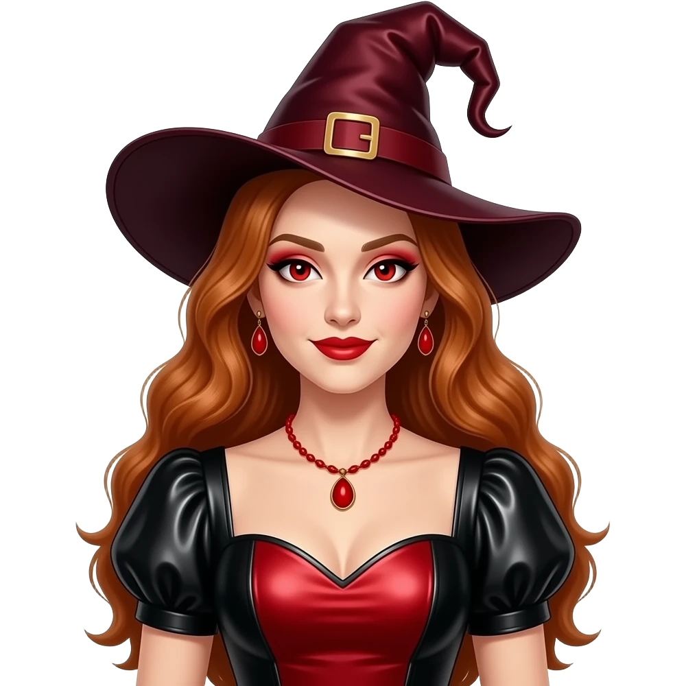 The Wicked Witch from The Wonderful Wizard of Oz with red eyes, long auburn hair, red eyeshadow and lipstick, red and black metallic sweetheart sleeve dress, dark red witch hat, red necklace and earrings emoji