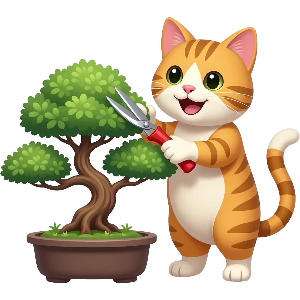 a happy cat trimming a bonzai tree emoji