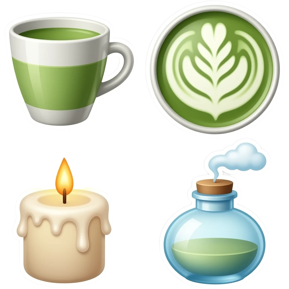 Aesthetic stickers like matcha, latte, candle and ether emoji
