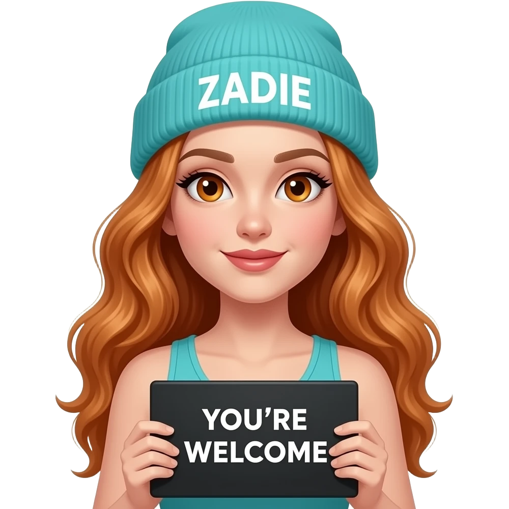 sexy girl with overlong wavy ginger hair and ginger eyes wearing a turquoise tanktop and a turquoise beanie with ZADIE written on it, is holding a black sign with YOU'RE WELCOME written on it emoji