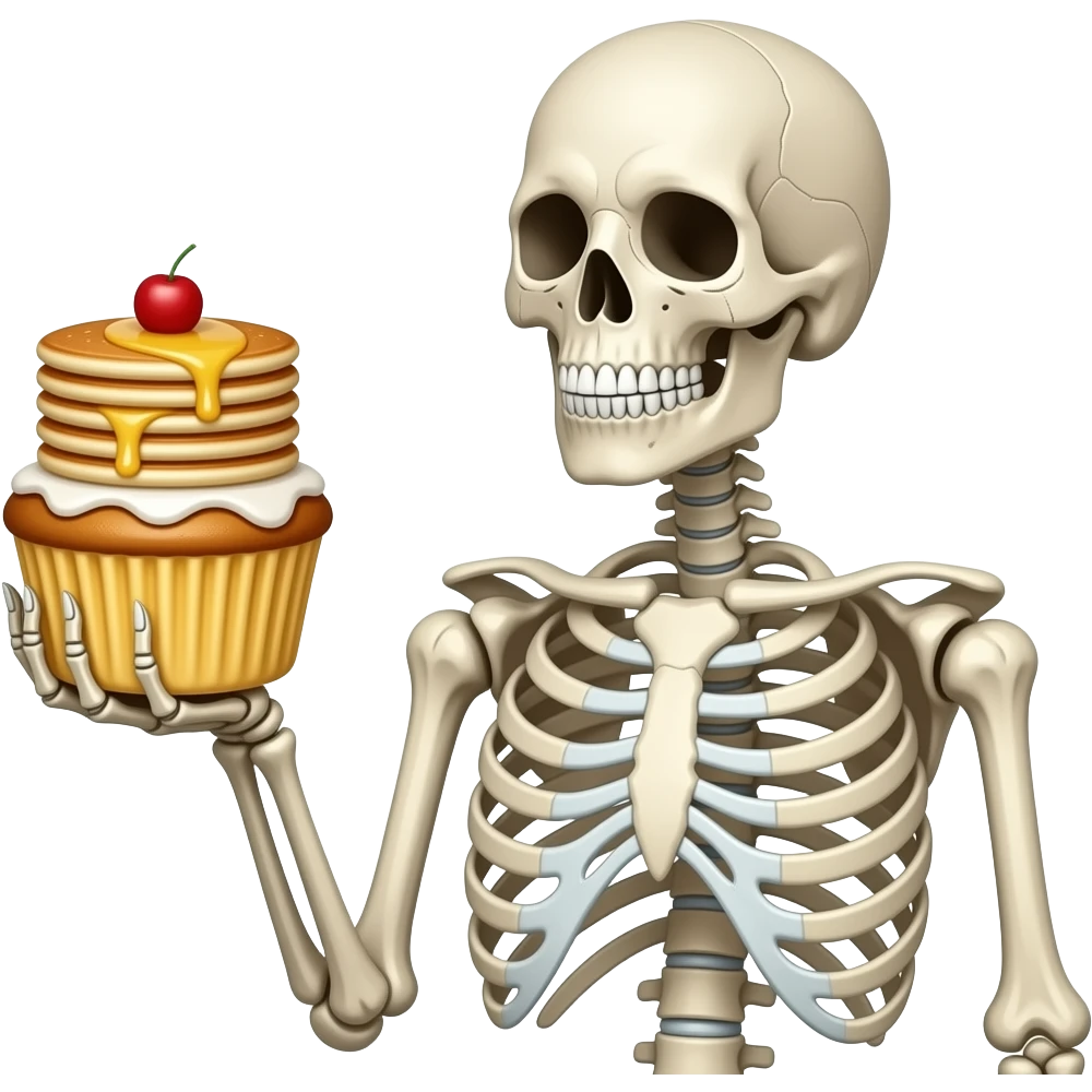 Skeleton holding cupcake with a stacks of pancakes on top emoji
