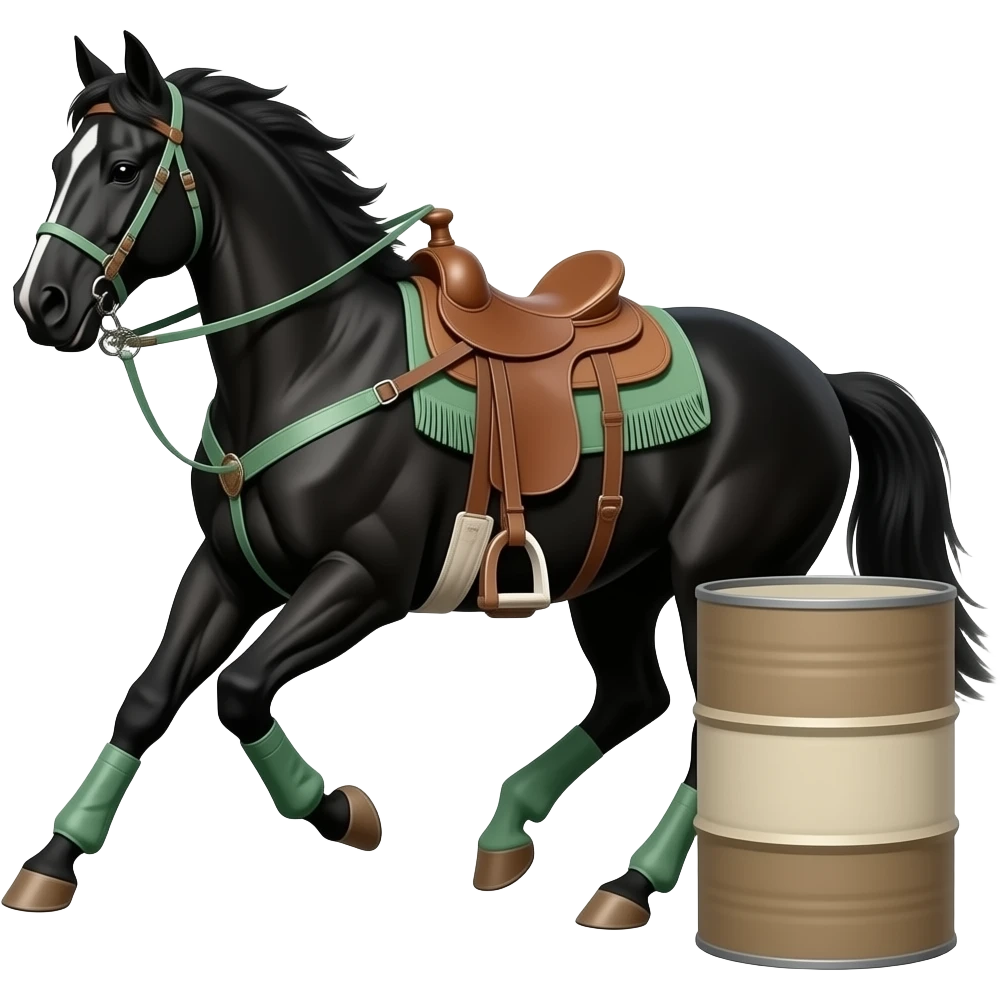 ottb black gelding running home from the third barrel in barrel racing with western tack and sage green saddle pad,  sage green splint boots,Bell boots, sage green breastcollar, fringe, and sage green reins, with no back sinch and sage green bell boots on the front legs emoji