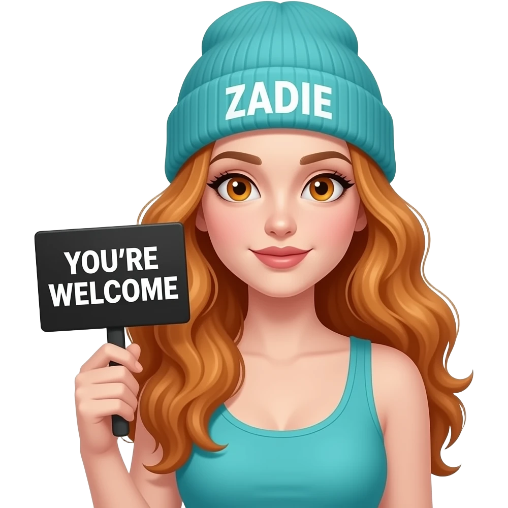 sexy girl with overlong wavy ginger hair and ginger eyes wearing a turquoise tanktop and a turquoise beanie with ZADIE written on it, is holding a black sign with YOU'RE WELCOME written on it emoji