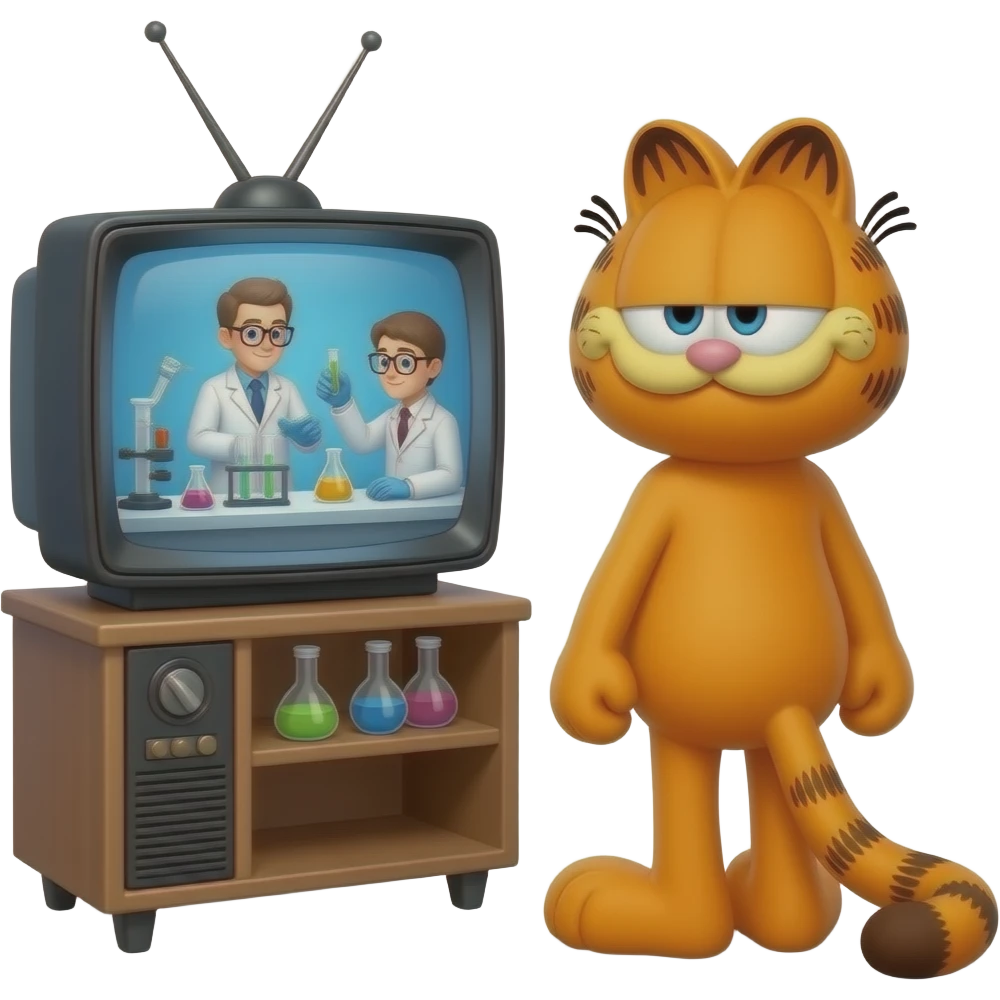 Кот Гарфилд из фильма Гарфилд смотрит как работают химики по телевиденю emoji
