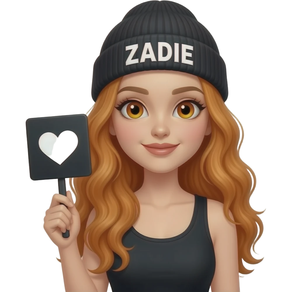 sexy girl with overlong wavy ginger hair and ginger eyes wearing a black tanktop and a black beanie with ZADIE written on it, is holding a black sign with 😍 on it emoji