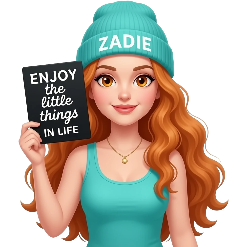 sexy girl with overlong wavy ginger hair and ginger eyes wearing a turquoise tanktop and a turquoise beanie with ZADIE written on it, is holding a black sign with ENJOY the little things IN LIFE written on it emoji