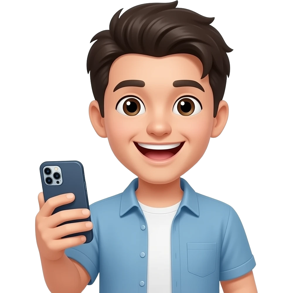Парень смеётьсяч держа елефон в руке emoji