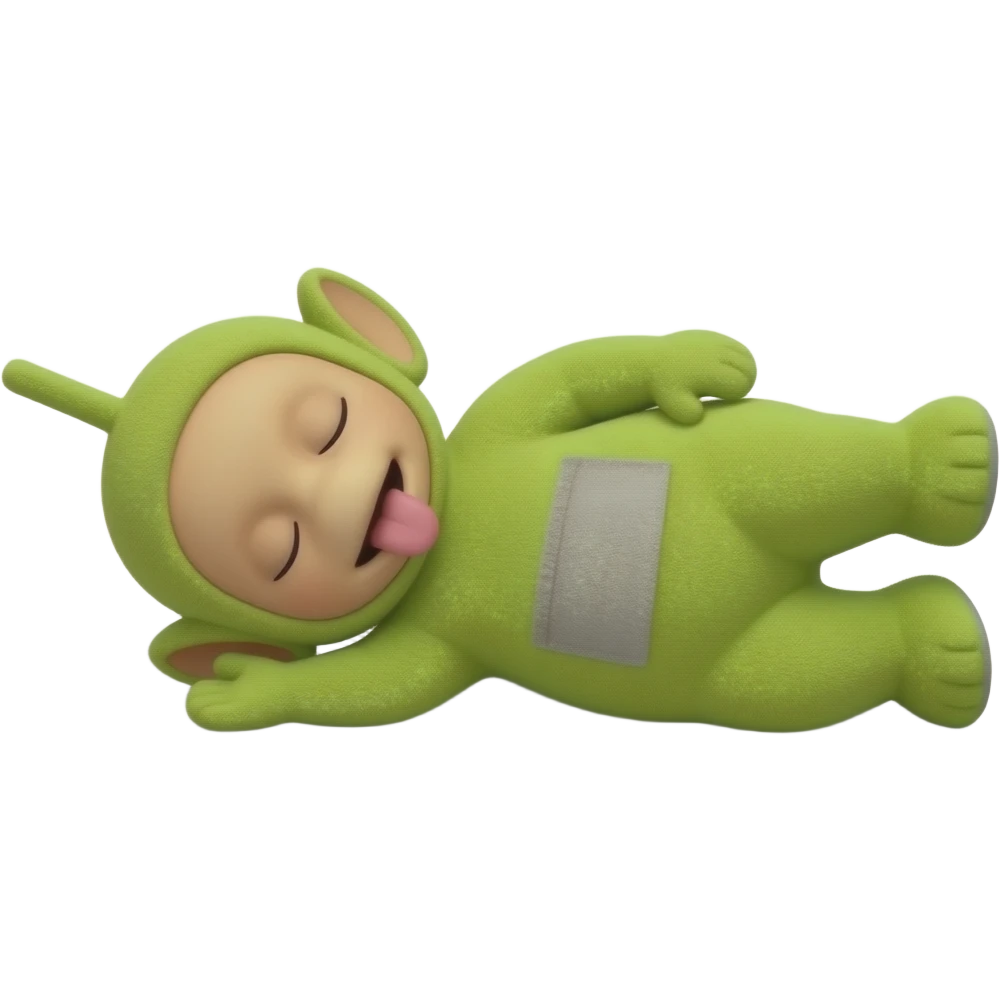 teletubby laying flat on the ground sleeping with it's tongue out emoji
