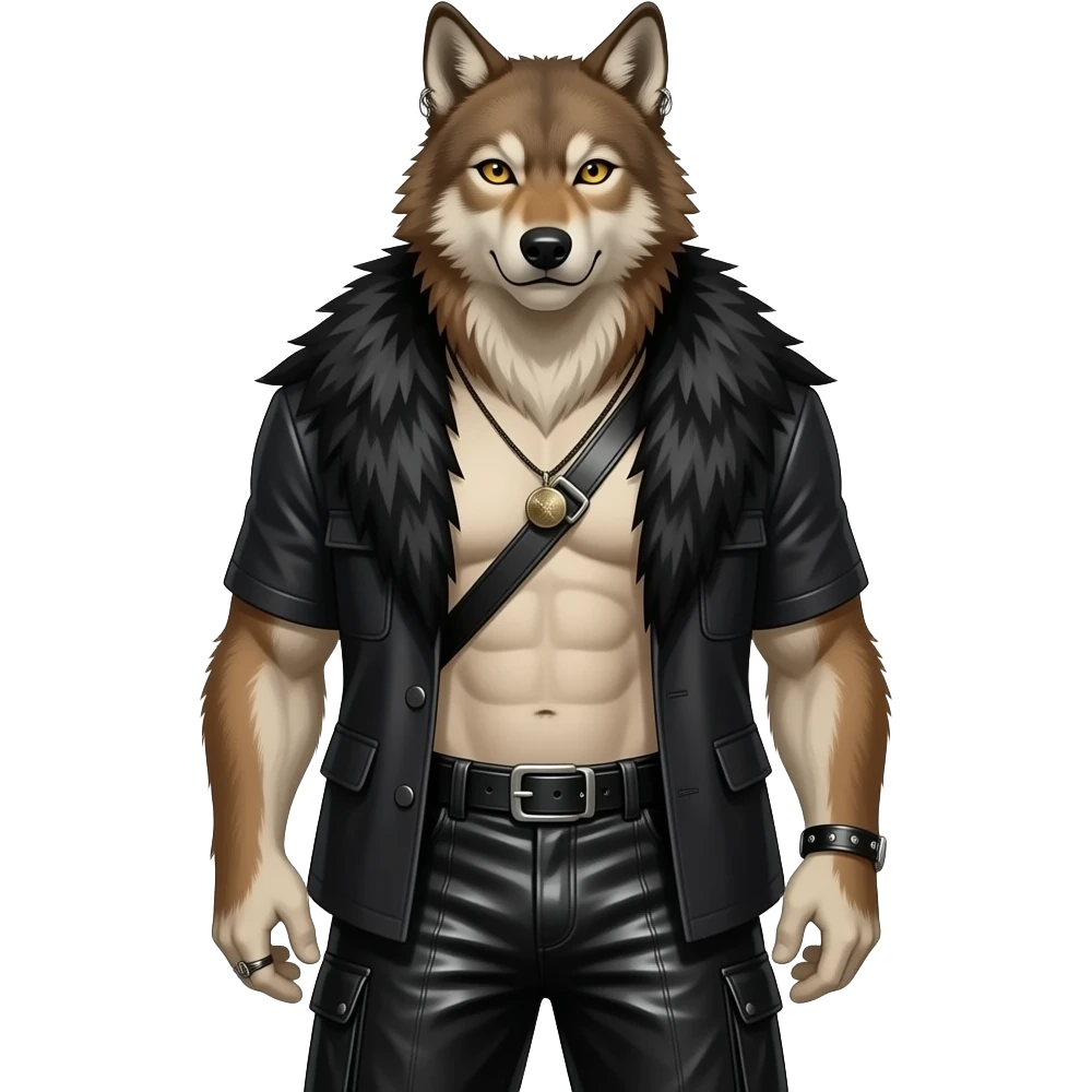 The Wolf Man with brown fur, gold eyes, black fur shawl, black metallic baggy pants, shirtless with necklace and earrings emoji