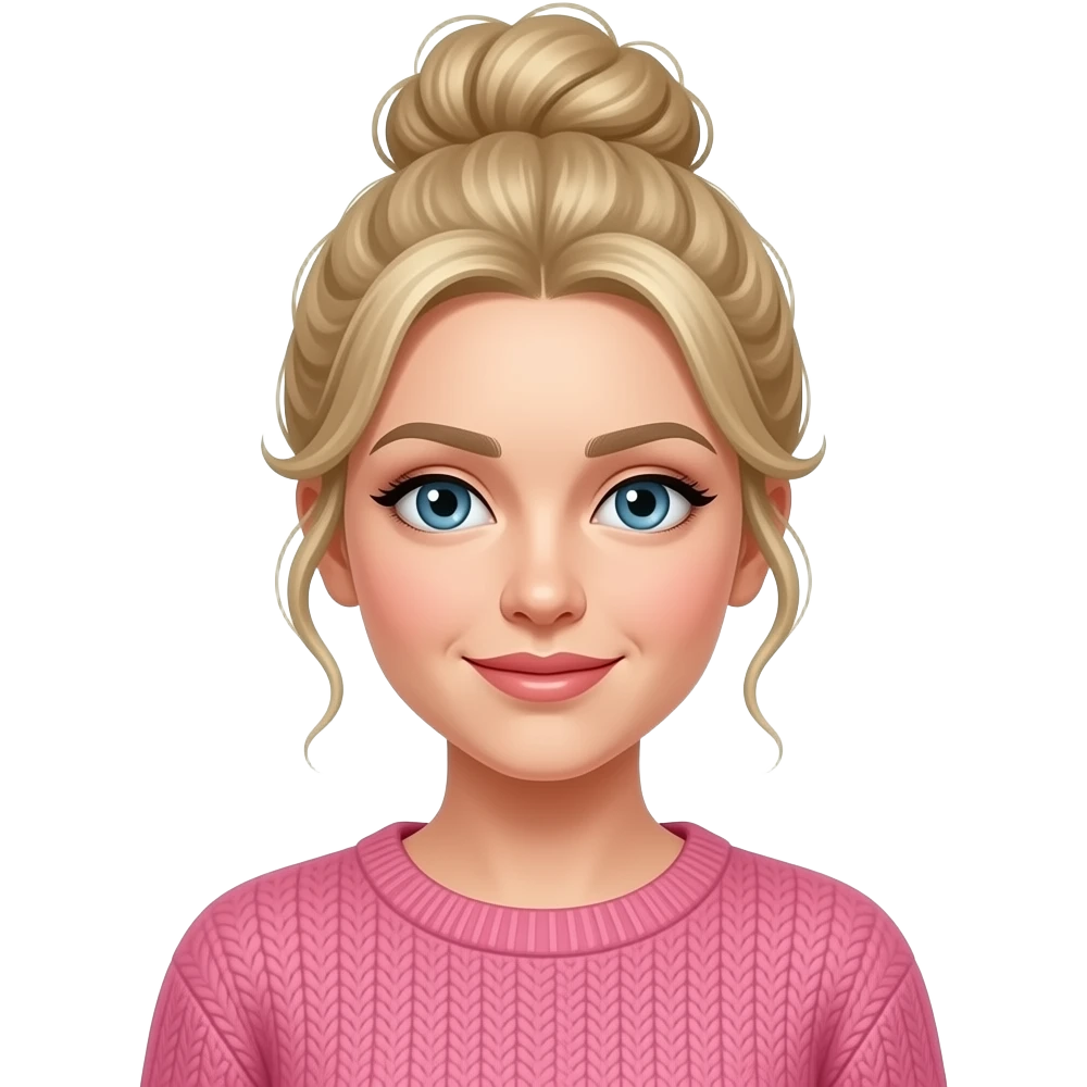 Blonde woman wearing hair up in a messy bun wearing a pink sweater emoji