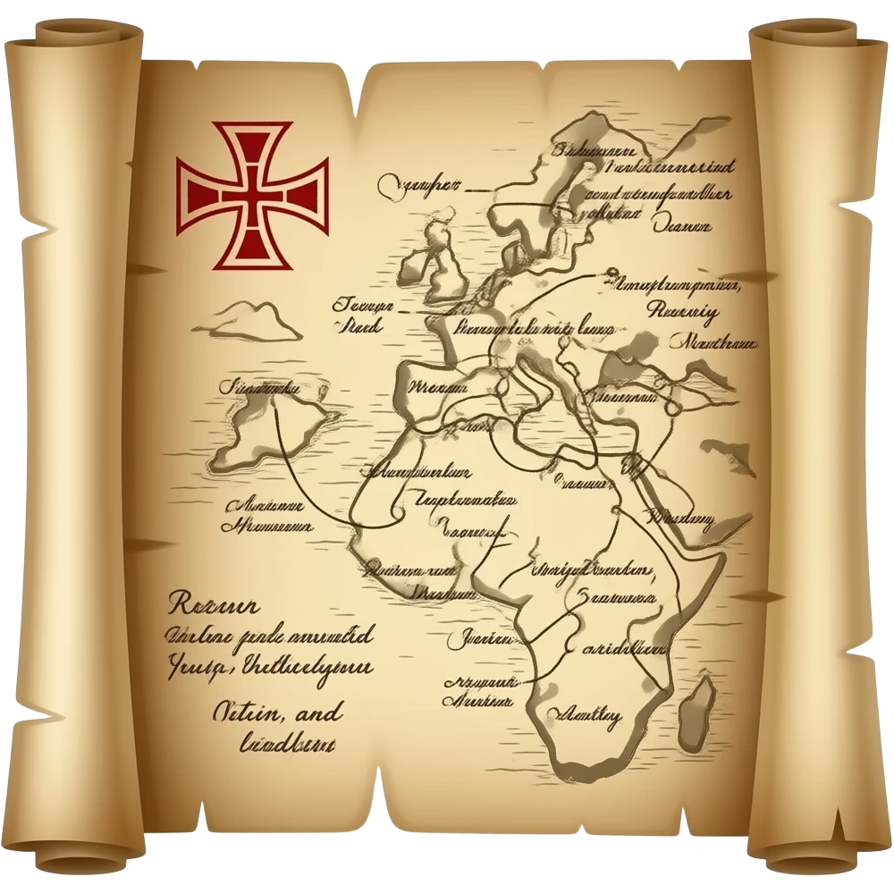 A treasure map, highly detailed, a small red Maltese cross X marks the location of the treasure, old parchment, slightly scrolled ends emoji