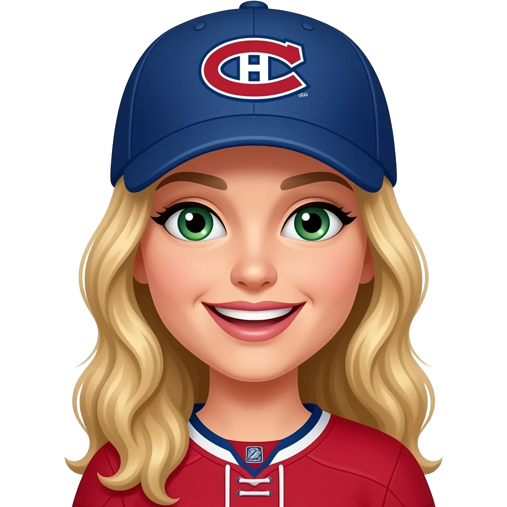 Cheering Green eyed Woman with long blonde hair, where Montreal Canadians cap emoji